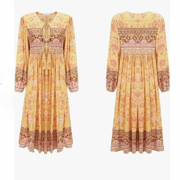 R.Vivimos Women Long Sleeve Floral V Neck Tassel Boho Festival Dress M, Sz 8, 10 - Picture 4 of 13